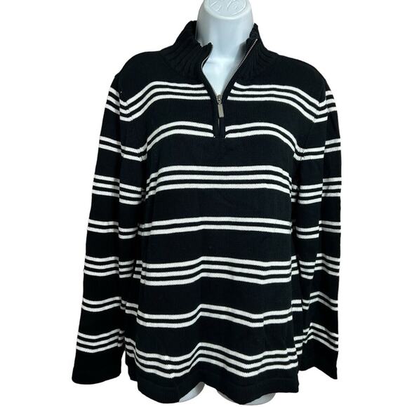 Karen Scott Donna Cotton Striped 1/4 Zip Sweater Sz M Black White Pullover - Picture 2 of 7